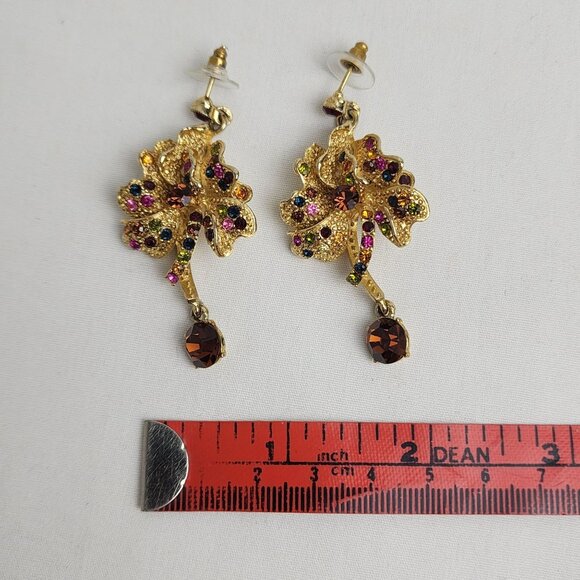 VTG Gold-Tone Floral Dangle Drop Earrings Multicolor Rhinestones Fall Fashion - Picture 10 of 10
